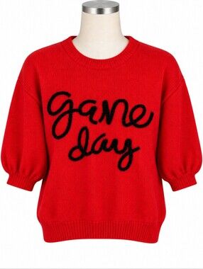 BIBI Game Day Metallic Lettering Red Sweater Puff Sleeve M NWT Football Party